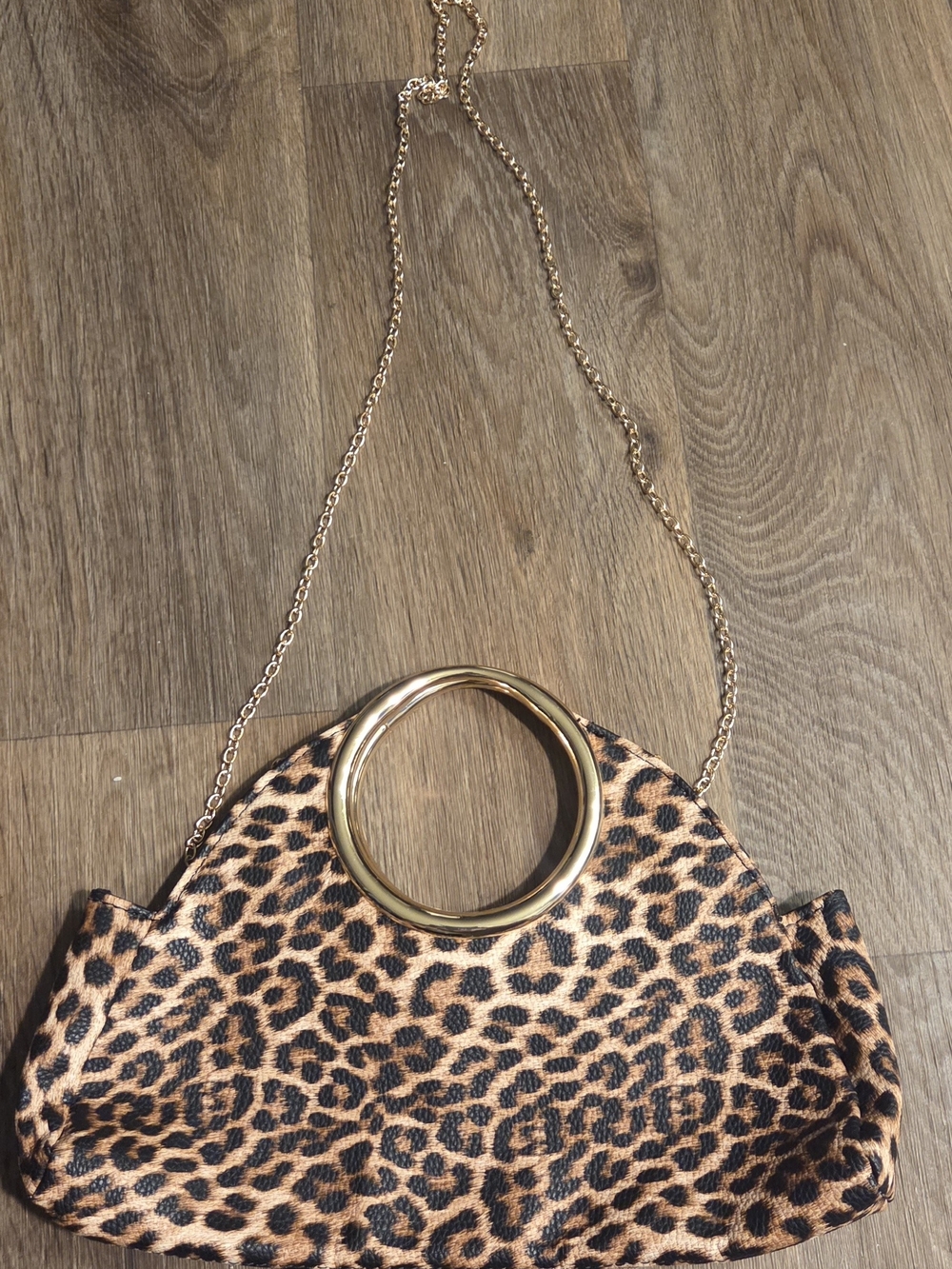 Leopard Print Chain Shoulder Bag with Gold Ring Handle